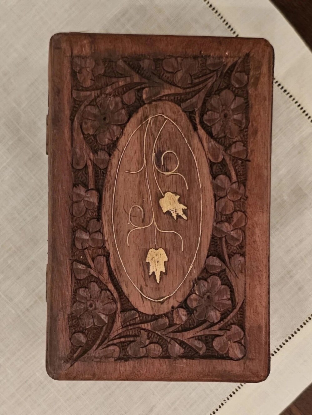 Vintage Carved Jewelry Keepsake Box Brass Inlay Red Velvet, India Sheesham Wood